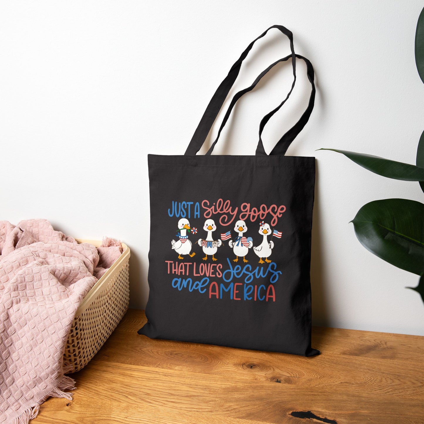 Just a Silly Goose That Loves Jesus and America Canvas Tote
