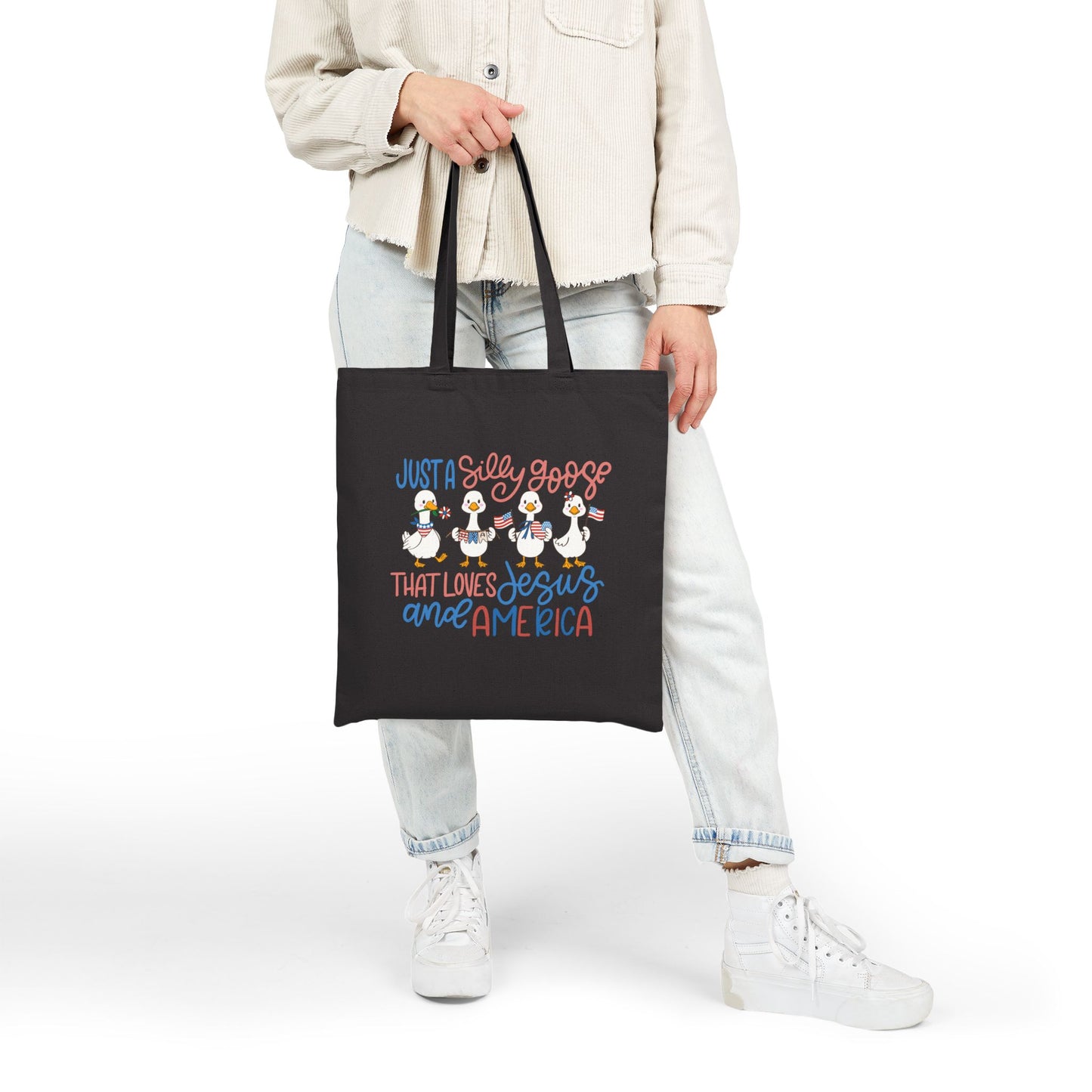 Just a Silly Goose That Loves Jesus and America Canvas Tote