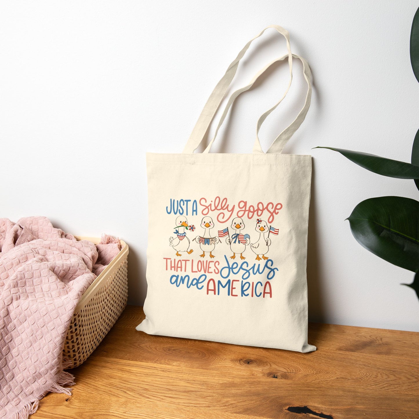 Just a Silly Goose That Loves Jesus and America Canvas Tote