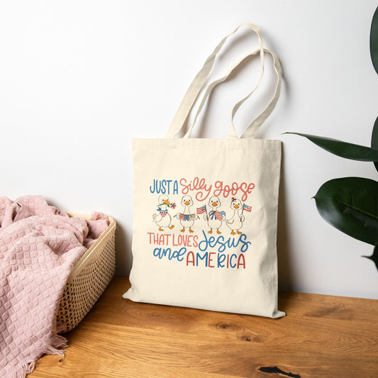 Just a Silly Goose That Loves Jesus and America Canvas Tote