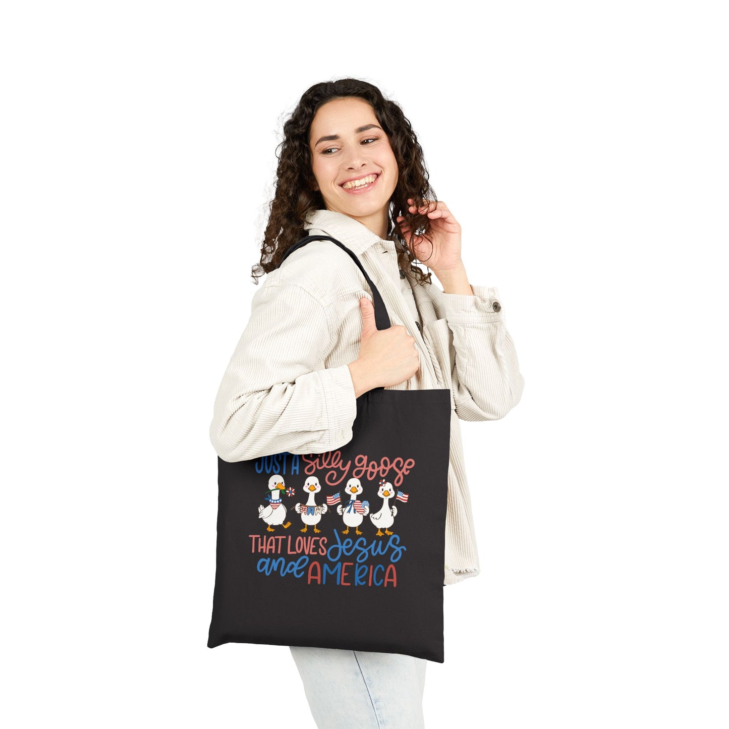 Just a Silly Goose That Loves Jesus and America Canvas Tote
