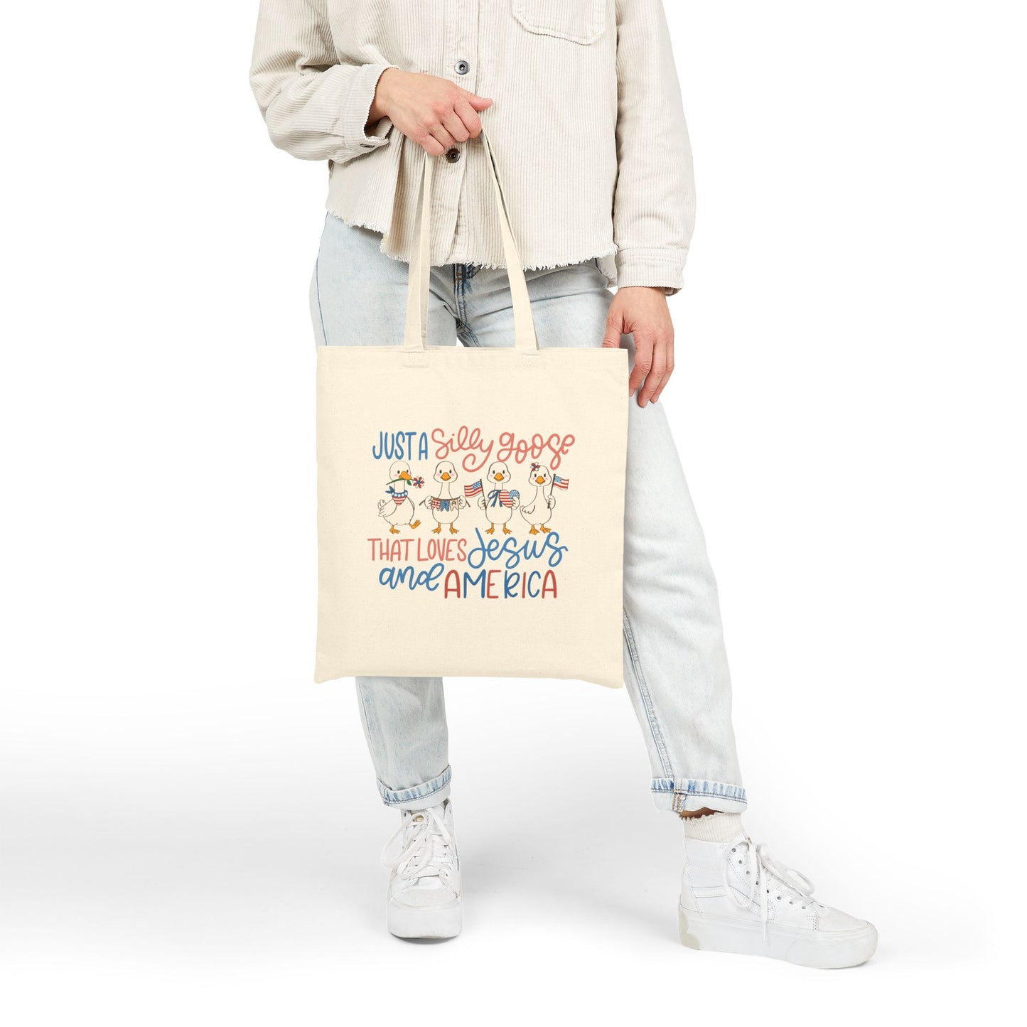 Just a Silly Goose That Loves Jesus and America Canvas Tote