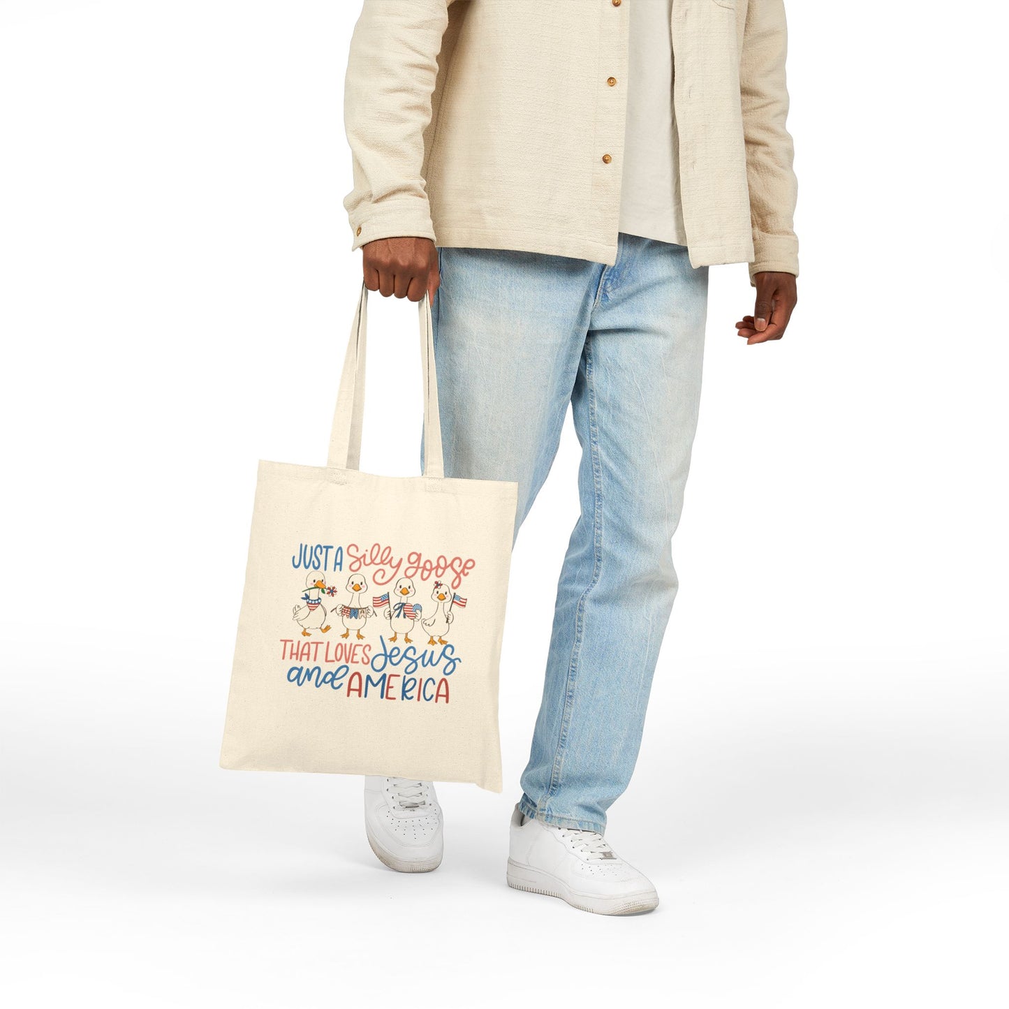 Just a Silly Goose That Loves Jesus and America Canvas Tote