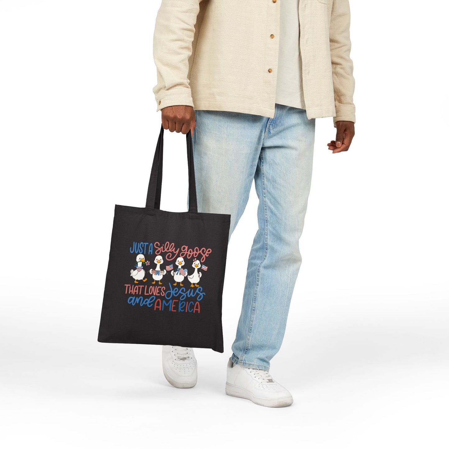 Just a Silly Goose That Loves Jesus and America Canvas Tote