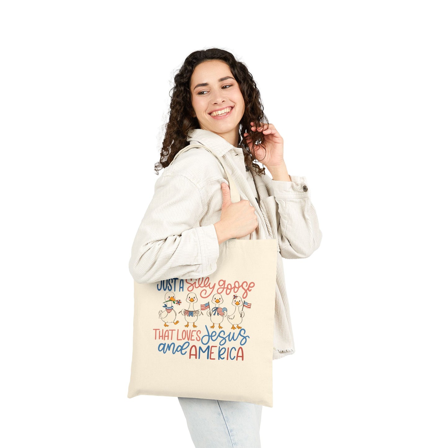 Just a Silly Goose That Loves Jesus and America Canvas Tote