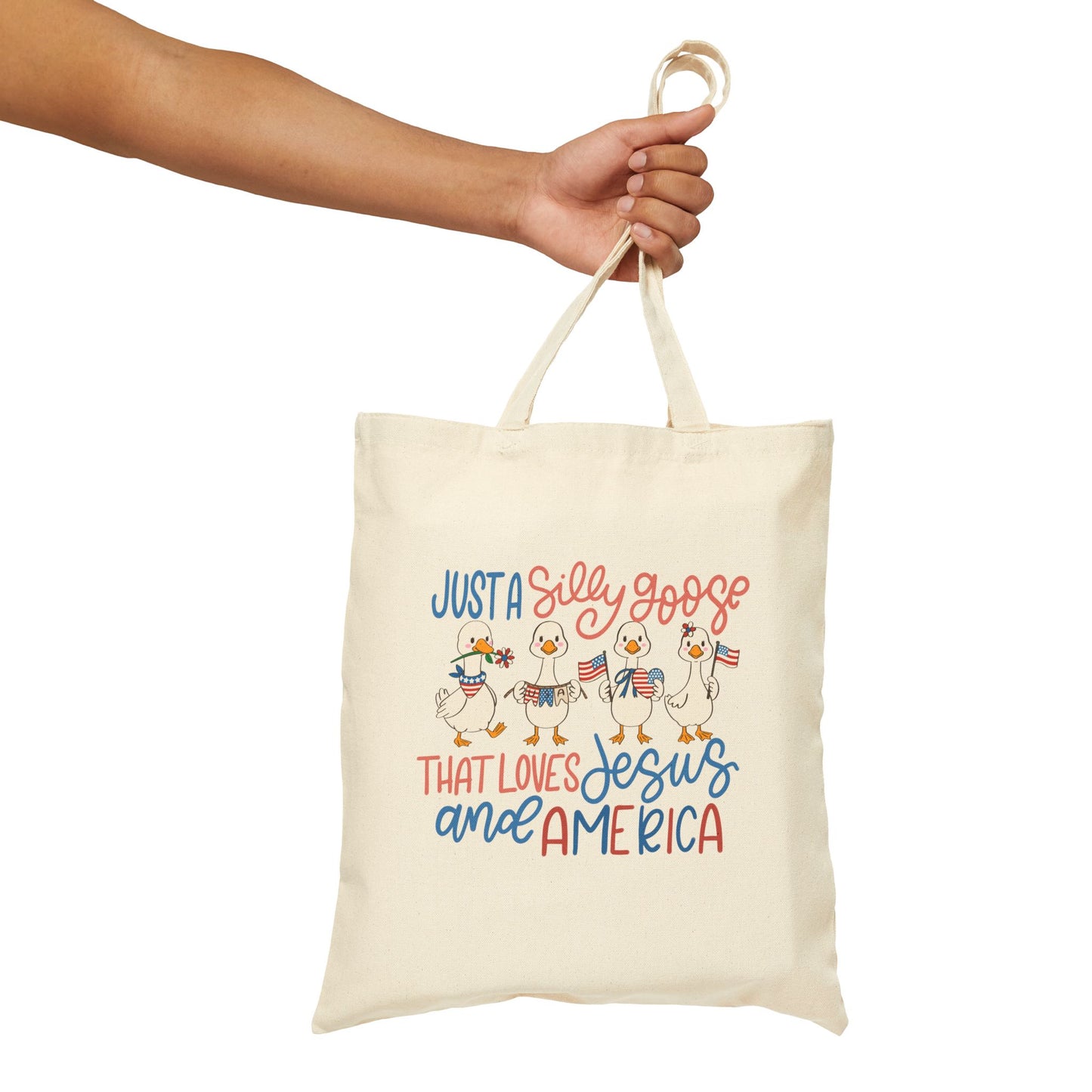 Just a Silly Goose That Loves Jesus and America Canvas Tote