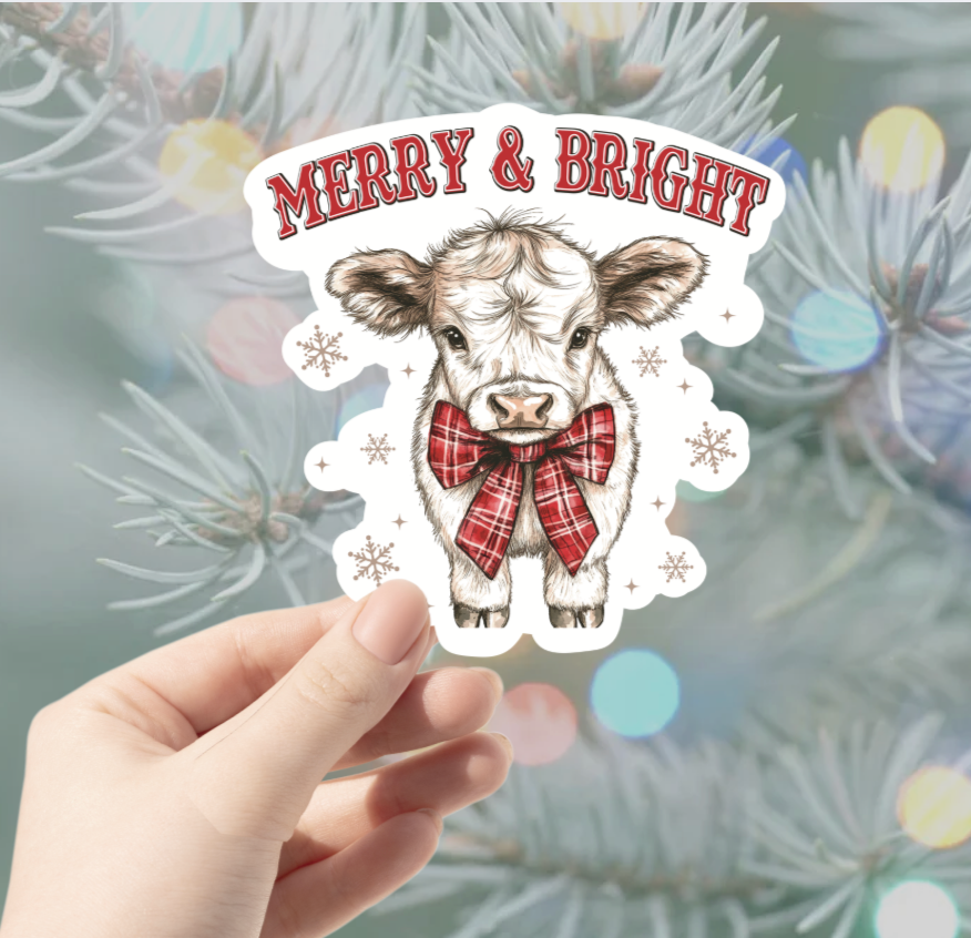 Merry + Bright Cow Christmas Sticker