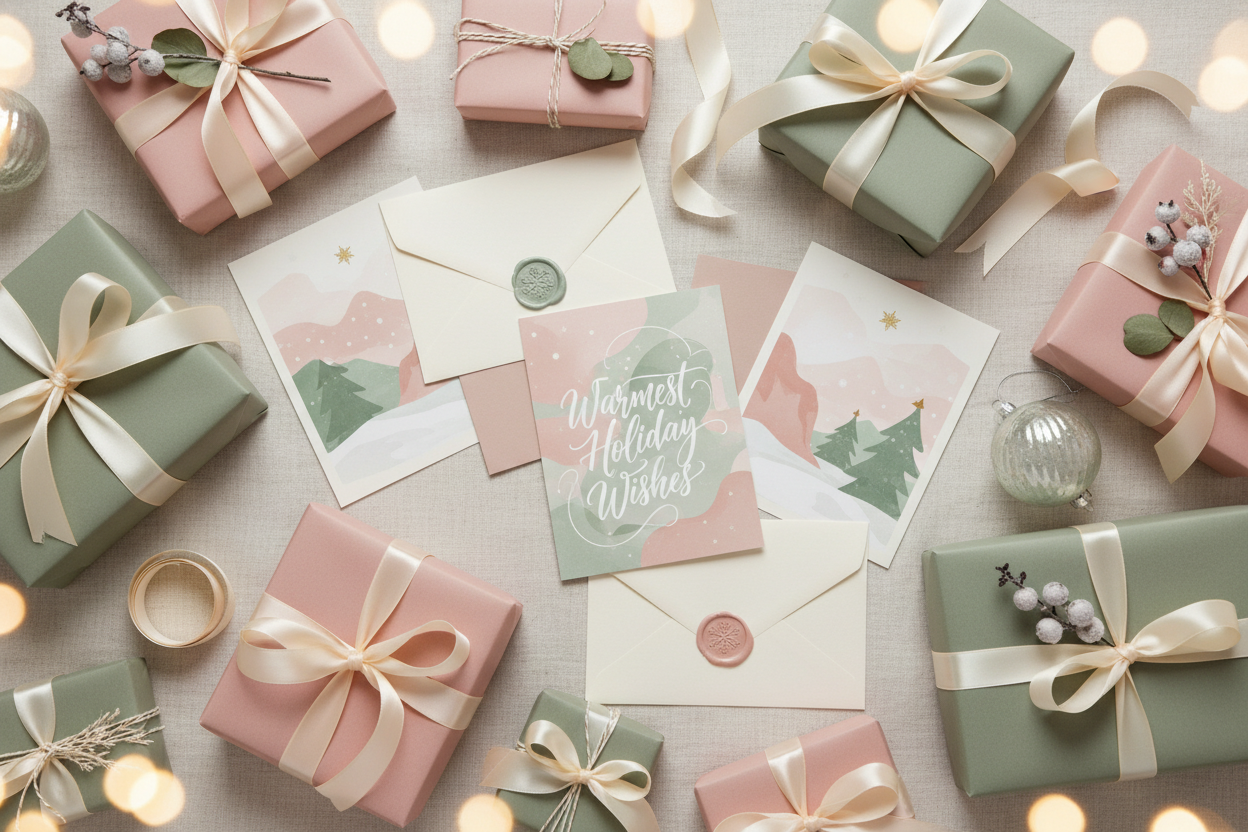 christmas letters and packages background pink and sage 