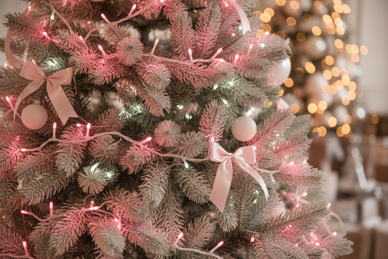 christmas tree branches with lights pink and white and sage